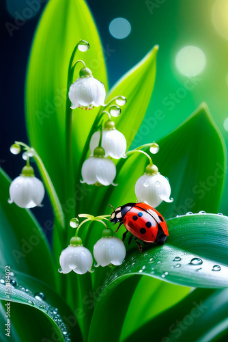 Spring macro of lily of the valley flowers and ladybug blossoms. © elena_hramowa