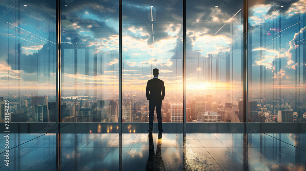 A successful businessman stands in front of a large window looking at the city below while watching the morning sunrise. A successful businessman stands in front of a large window looking at the city below while watching the morning sunrise.