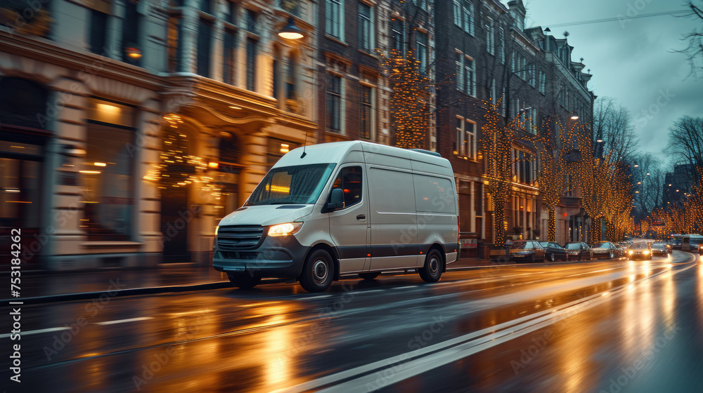 Evening Delivery Van in Motion on Illuminated City Street