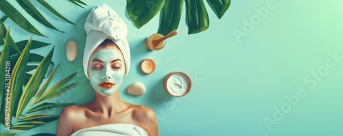Portrait of a woman at spa treatments at a cosmetologist in beauty salon - lying with a cosmetic mask on her face, with creme, lotion and oil photo