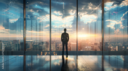 A successful businessman stands in front of a large window looking at the city below while watching the morning sunrise.