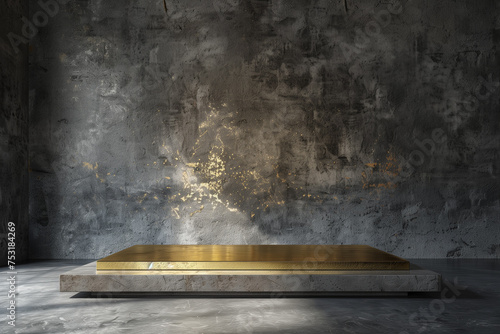 3D image depicts an opulent golden slab front desk against a dramatic grey concrete wall with golden splatters