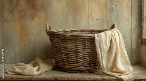 Vintage Wicker Basket with Linen Towel in Rustic Setting