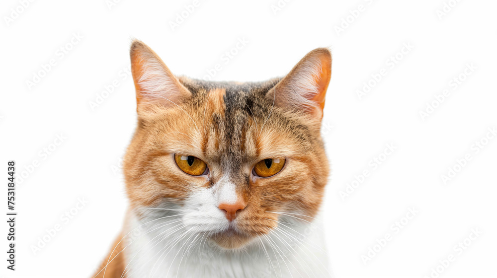 Portrait of an orange grumpy cat kitten looking at the camera isolated on white background, cute funny animal shot, angry, anger, loss the temper, grizzle, unhappy, unsatisfied. Portrait of an orange grumpy cat kitten looking at the camera isolated on white background, cute funny animal shot, angry, anger, loss the temper, grizzle, unhappy, unsatisfied.