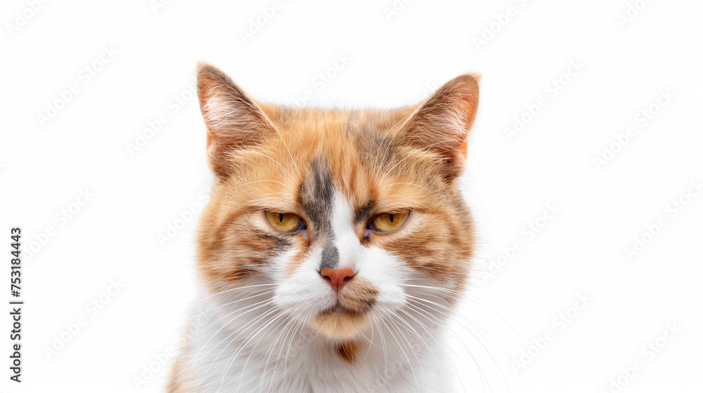 Portrait of an orange grumpy cat kitten looking at the camera  isolated on white background, cute funny animal shot, angry, anger, loss the temper, grizzle, unhappy, unsatisfied.
