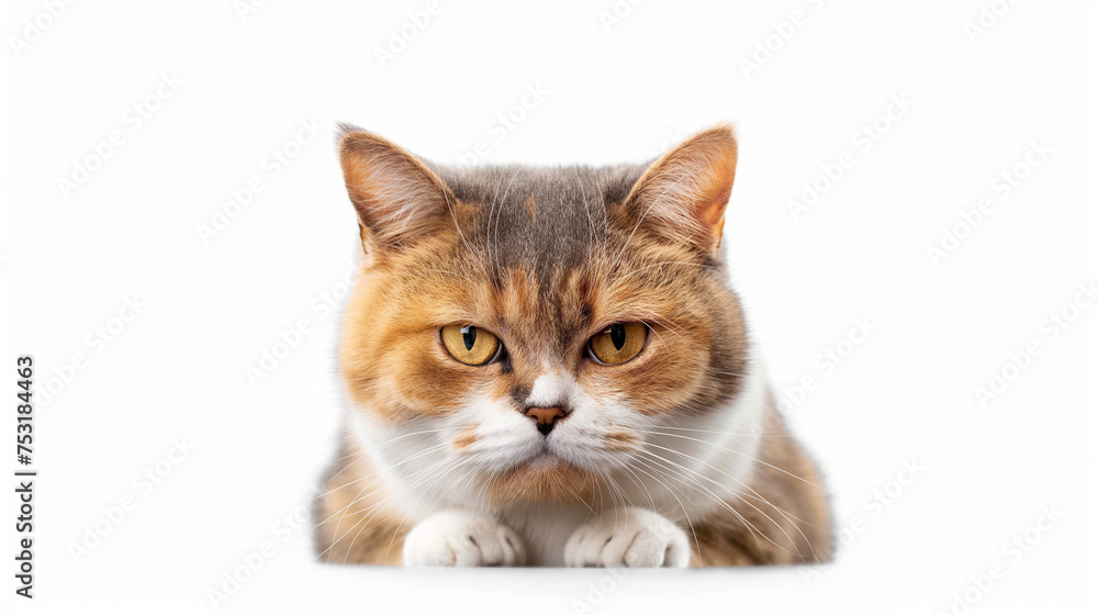 Obraz premium Portrait of an orange grumpy cat kitten looking at the camera isolated on white background, cute funny animal shot, angry, anger, loss the temper, grizzle, unhappy, unsatisfied.