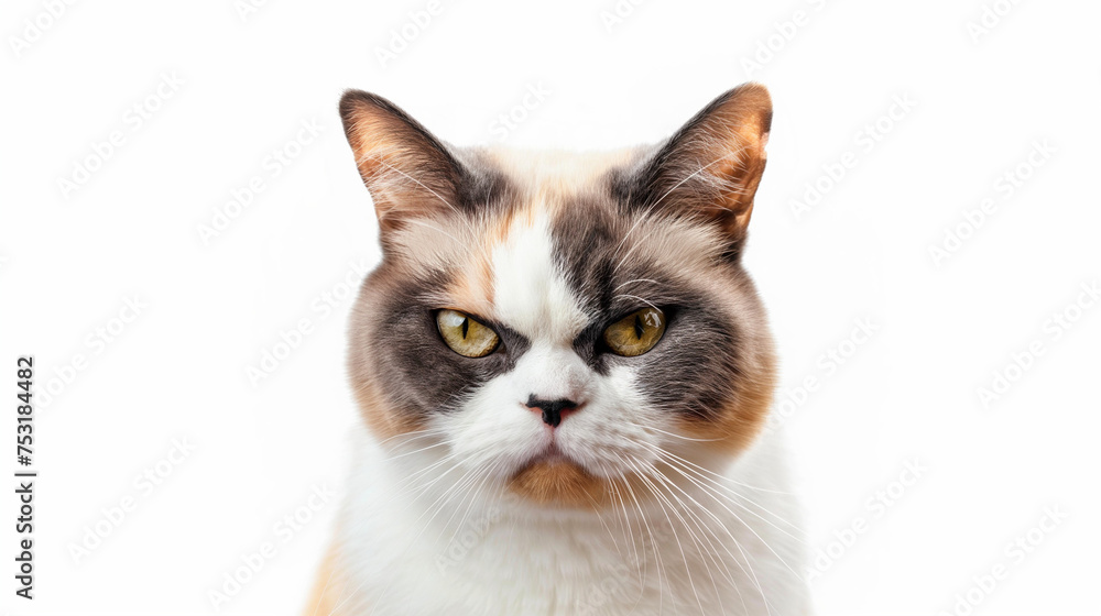 Portrait of a brown grumpy cat kitten looking at the camera  isolated on white background, cute funny animal shot, angry, anger, loss the temper, grizzle, unhappy, unsatisfied.