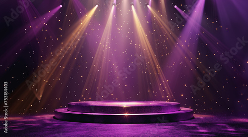 A purple podium is dramatically lit with golden sparkles, suggesting celebration or an exclusive event