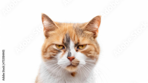 Portrait of an orange grumpy cat kitten looking at the camera  isolated on white background, cute funny animal shot, angry, anger, loss the temper, grizzle, unhappy, unsatisfied. © JW Studio