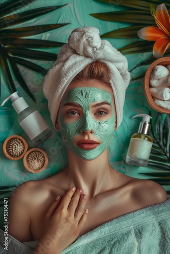 Portrait of a woman at spa treatments at a cosmetologist in beauty salon - lying with a cosmetic mask on her face, with creme, lotion and oil