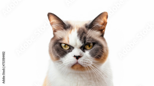 Portrait of a brown grumpy cat kitten looking at the camera isolated on white background, cute funny animal shot, angry, anger, loss the temper, grizzle, unhappy, unsatisfied.