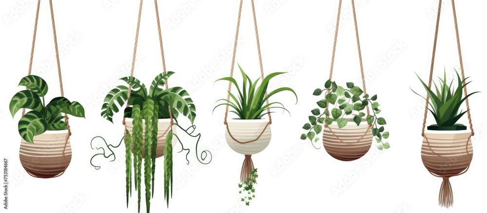 Illustration of hanging plant pots with macrame and greenery for home decor White background - obrazy, fototapety, plakaty 
