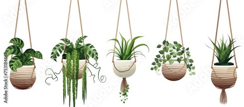 Illustration of hanging plant pots with macrame and greenery for home decor White background