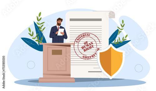Universal declaration concept. Man with political statement and document. Respect and unity. Fight against racism and violence. Cartoon flat vector illustration isolated on white background