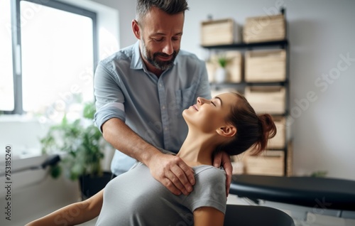 Chiropractor Performing Neck Adjustment and Massage on Woman.Generated image