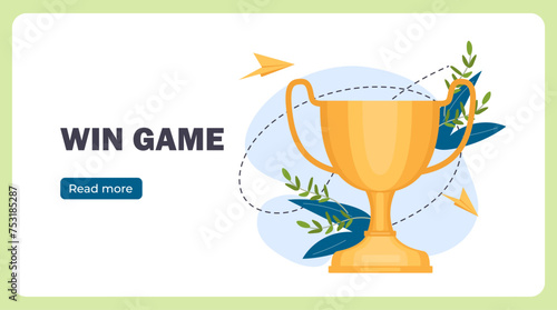 Win game poster. Golden trophy near paper planes. Tournament or competition. Award and reward. Motivation and success. Landing webpage. Cartoon flat vector illustration isolated on blue background