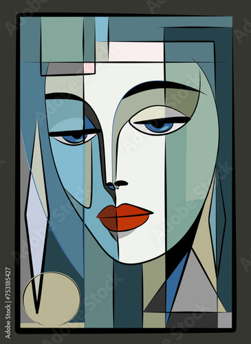 Colorful background, cubism art style,abstract portrait of woman on blue