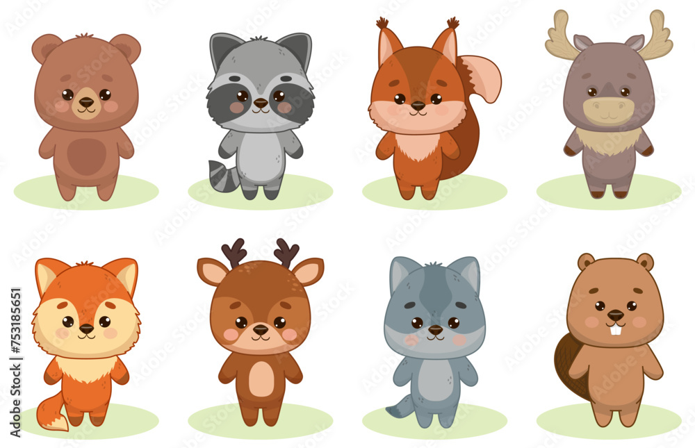 Fototapeta premium Cute forest inhabitants bear, raccoon, squirrel, elk, fox, deer, beaver and wolf. Animals in kawaii style. Kawaii style. Vector illustration of drawings, prints and patterns. Isolated illustration for