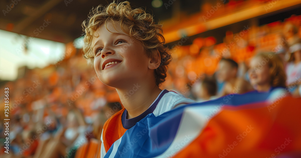 a boy shouting out a flag and sitting in the stands cheer power concept a boy shouting out a flag and sitting in the stands cheer power concept