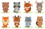 Cute forest inhabitants bear, raccoon, squirrel, elk, fox, deer, beaver and wolf. Animals in kawaii style. Kawaii style. Vector illustration of drawings, prints and patterns. Isolated illustration for