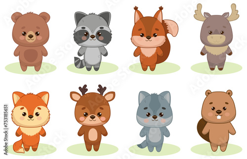 Fototapeta Naklejka Na Ścianę i Meble -  Cute forest inhabitants bear, raccoon, squirrel, elk, fox, deer, beaver and wolf. Animals in kawaii style. Kawaii style. Vector illustration of drawings, prints and patterns. Isolated illustration for