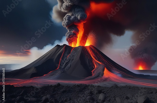 Volcanic eruption and fiery lava