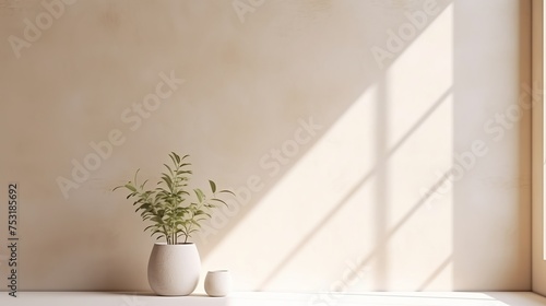 A minimalistic abstract gentle light beige background is designed for product presentations, featuring delicate light and intricate shadows from windows and vegetation on the wall.