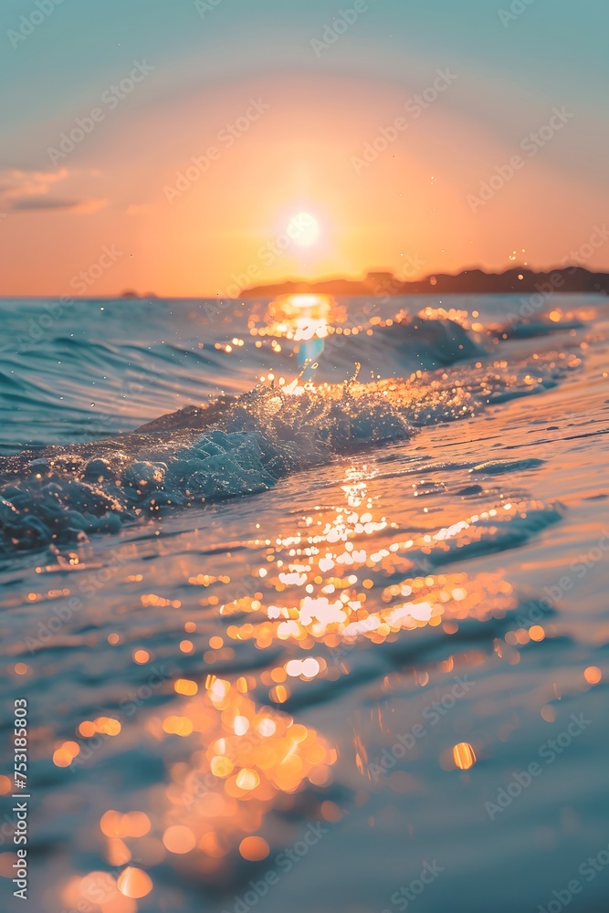 A mesmerizing blue sunset over the ocean, painted in hues of light orange, gold, and magenta, with naturalistic waves and a radiant lens flare.