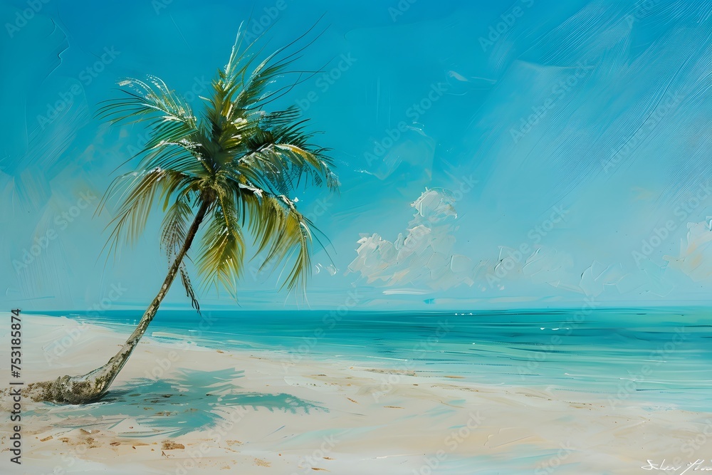 Vibrant Coastal Elegance: Pristine Beach and Palm in Teal and Azure Hues, AR 128:85, V6.0