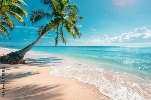 Turquoise Waters and White Sands  A Serene Beach Scene with Lush Palms  Polished in Clarity and Calm  AR 128 85  V 6.0