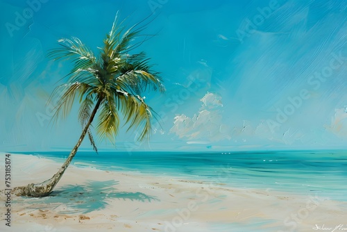 Vibrant Coastal Elegance: Pristine Beach and Palm in Teal and Azure Hues, AR 128:85, V6.0 © Pierre