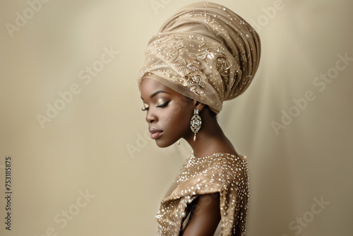 Beautiful black woman in turban and elegant beige dress, with lace, silk and pearl