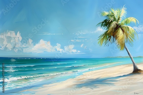 Vibrant Coastal Bliss: A Pristine Beach with a Lone Palm, Rendered in Polished Teal and Azure Tones, AR 128:85, Version 6.0