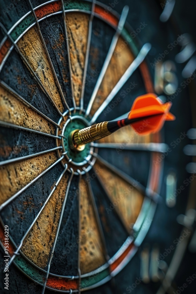 a dart hitting the center of a traditional dartboard, with digital overlays representing the strategic precision required to achieve marketing goals and triumph a dart hitting the center of a traditional dartboard, with digital overlays representing the strategic precision required to achieve marketing goals and triumph