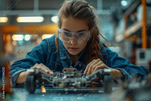 A female Design Engineer develops an innovative high-tech ultramodern eco-friendly electric vehicle according to eco-friendly standards