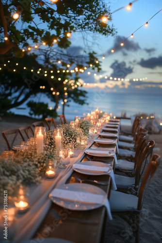 Beautiful decoration of luxury wedding table set up by the beach
