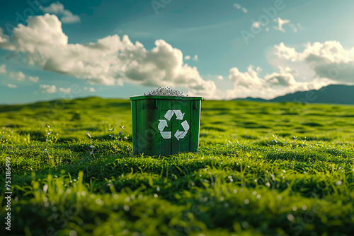 a green container stands in the grass with a recycling sign. a signal of caring and preserving the planet. environmental conservation.
