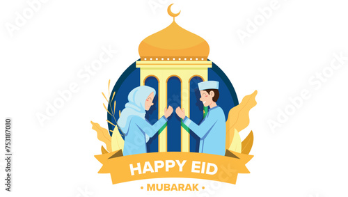 wishing two person Happy Eid Mubarak vector mosque illustration