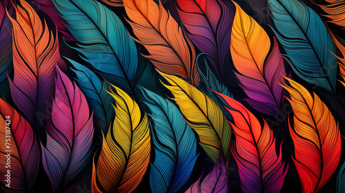 Vibrant multicolored feathers on black background. Generative AI © MikeLegend