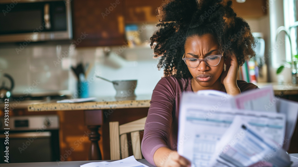 Stressed Young Woman looking at papers and bills with stressful face, Managing Finances with Laptop in Kitchen. Household budget, tax issue , late fees and penalties concept. - obrazy, fototapety, plakaty 