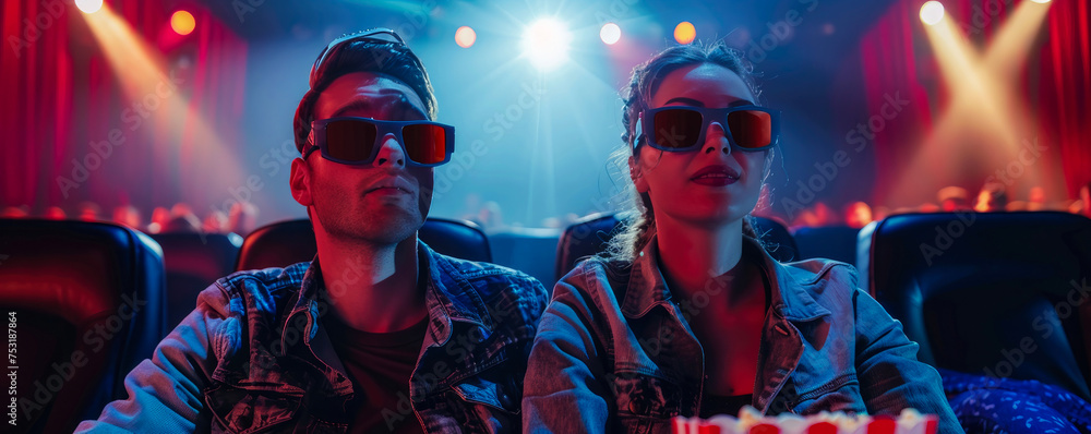 couple in love at the cinema. man and woman enjoying watching movies in the cinema with 3D glasses and popcorn couple in love at the cinema. man and woman enjoying watching movies in the cinema with 3D glasses and popcorn