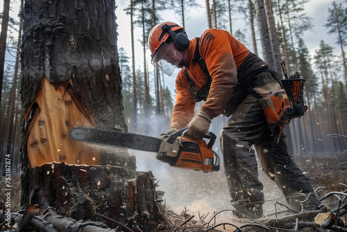 Man holding a chainsaw and cut trees. Lumberjack at work wears orange personal protective equipment