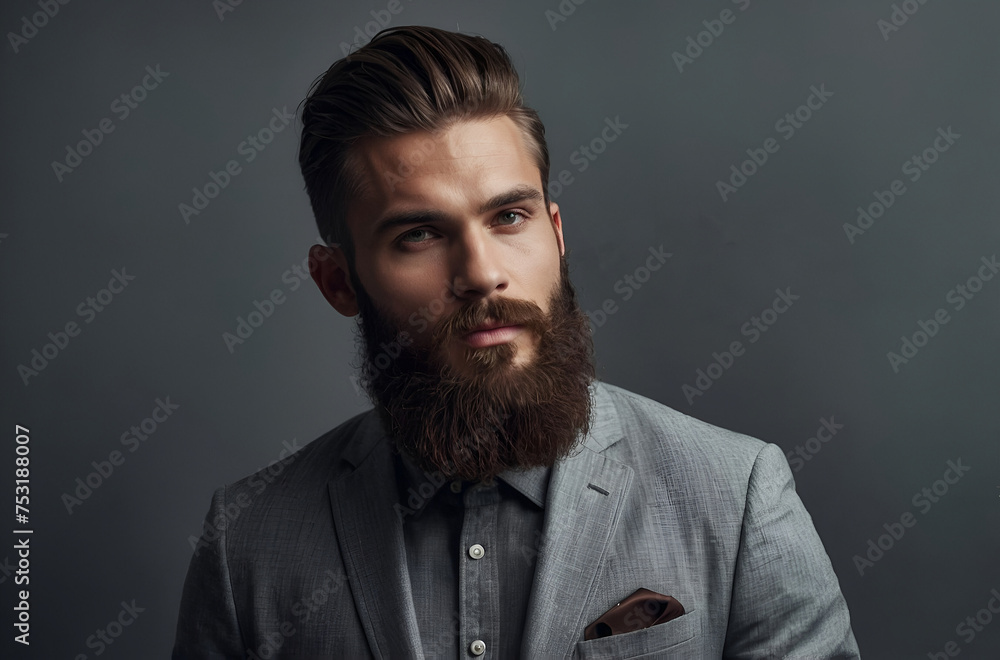 Fototapeta premium beard man in a solid dark background, shaving cream advertisement, shaving racer advertisement