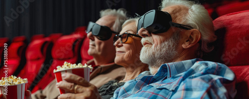 couple in love at the cinema. elderly man and woman enjoying watching movies in the cinema with 3D glasses and popcorn