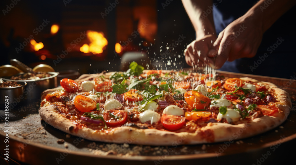 A professional restaurant chef prepares pizza from different ingredients.
