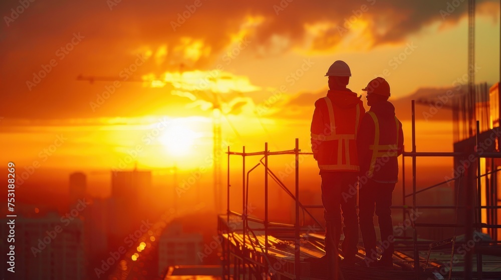 the silhouettes of builders against the vibrant hues of dawn, with the sky painted in shades of orange and pink, symbolizing the beginning of a productive day ahead
