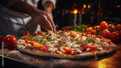 A professional restaurant chef prepares pizza from different ingredients.