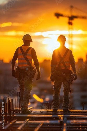 Two construction workers wearing hard hats and safety gear are standing on the roof of a high-rise building. They appear to be inspecting the structure, with the city skyline visible in the background