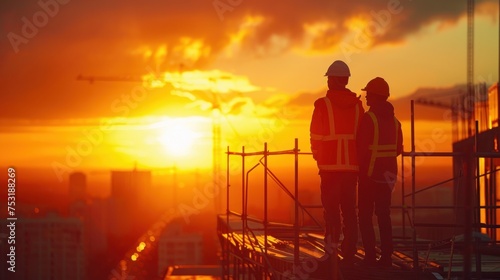 the silhouettes of builders against the vibrant hues of dawn, with the sky painted in shades of orange and pink, symbolizing the beginning of a productive day ahead