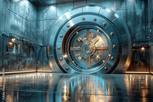 Bank vault realistic composition with view of safe storage entrance with massive circle shaped locking door